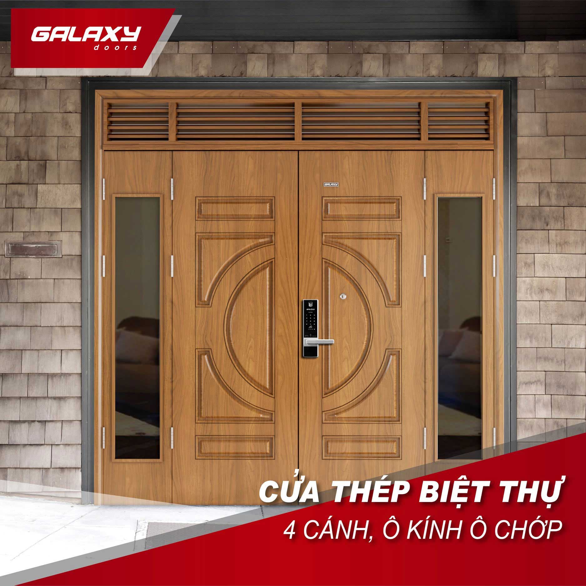 Cửa thép vân gỗ 4 cánh huỳnh Galaxy