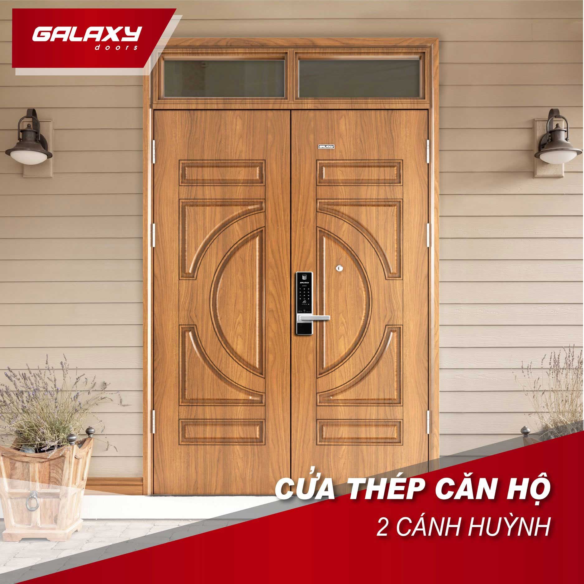 Mẫu cửa thép vân gỗ 2 cánh huỳnh Galaxy